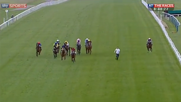 Video: Watch how an Absolute Idiot runs onto a track to race horses. 